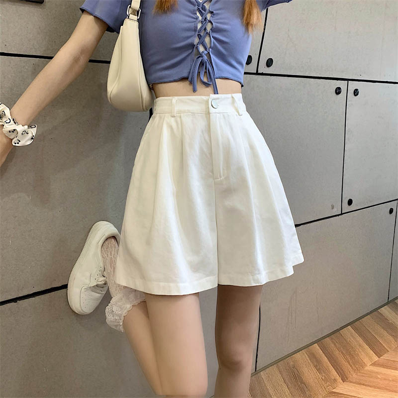 Women's Shorts Y2K Women's High Waist White Shorts Korean Fashion Pleated Wide Leg Pants Summer Casual Full Matching Women's Prep Style