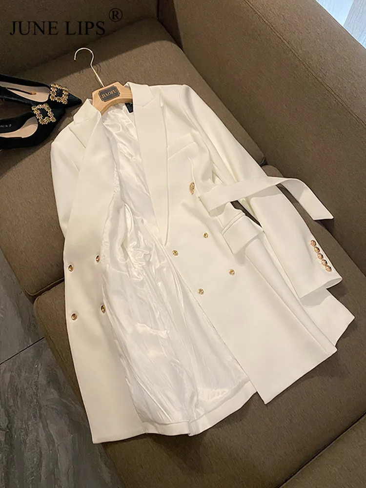 Basic Casual Dresses JUNE LIPS Spring High Quality Women Red Blazer Dress with Belt Double Breasted Buttons Chic For Party dress wholesale 231110
