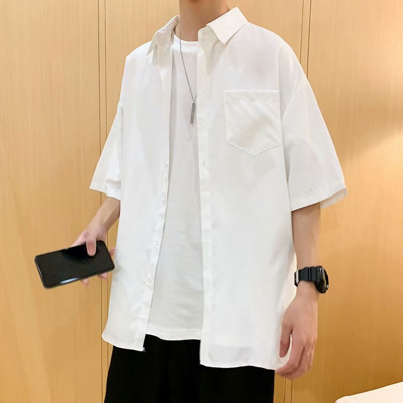 Men's Casual Shirts Solid summer short sleeved Korean version trend loose quarter sleeve Hong Kong style casual version pocket 230412