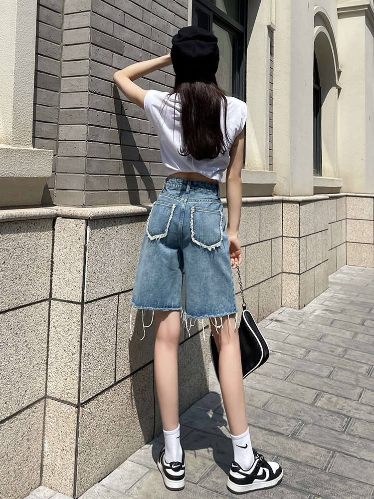 Women's Shorts DFRCAEG Summer Jeans Shorts Women's Street Clothing High Waist Burr Wide Leg Half Length Bermuda Denim Shorts Women's Se