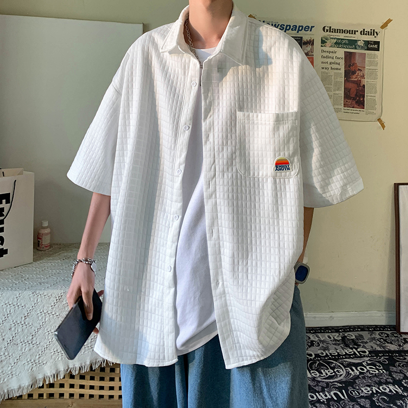 Men's Casual Shirts Summer Short Sleeve Men's Korean Fashion Top Casual Retro Open Front Men's Clothing Large Pocket Embroidered White 