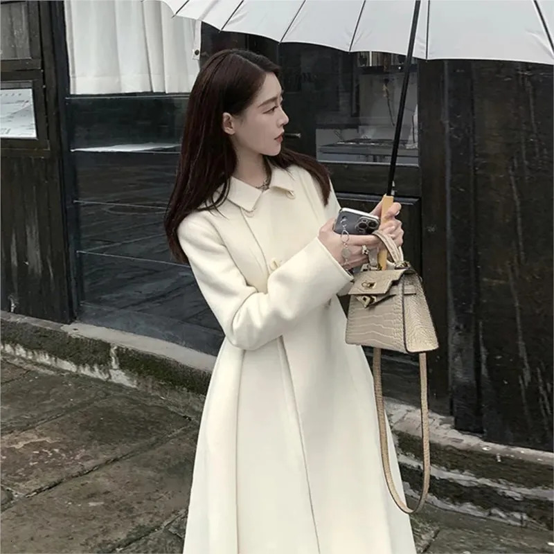 Women's Wool Blends Winter Women Elegant White Slim Woolen Coats Female Double Breasted A-line Korean Thick Warm Long Coats Office Lady Coats 231