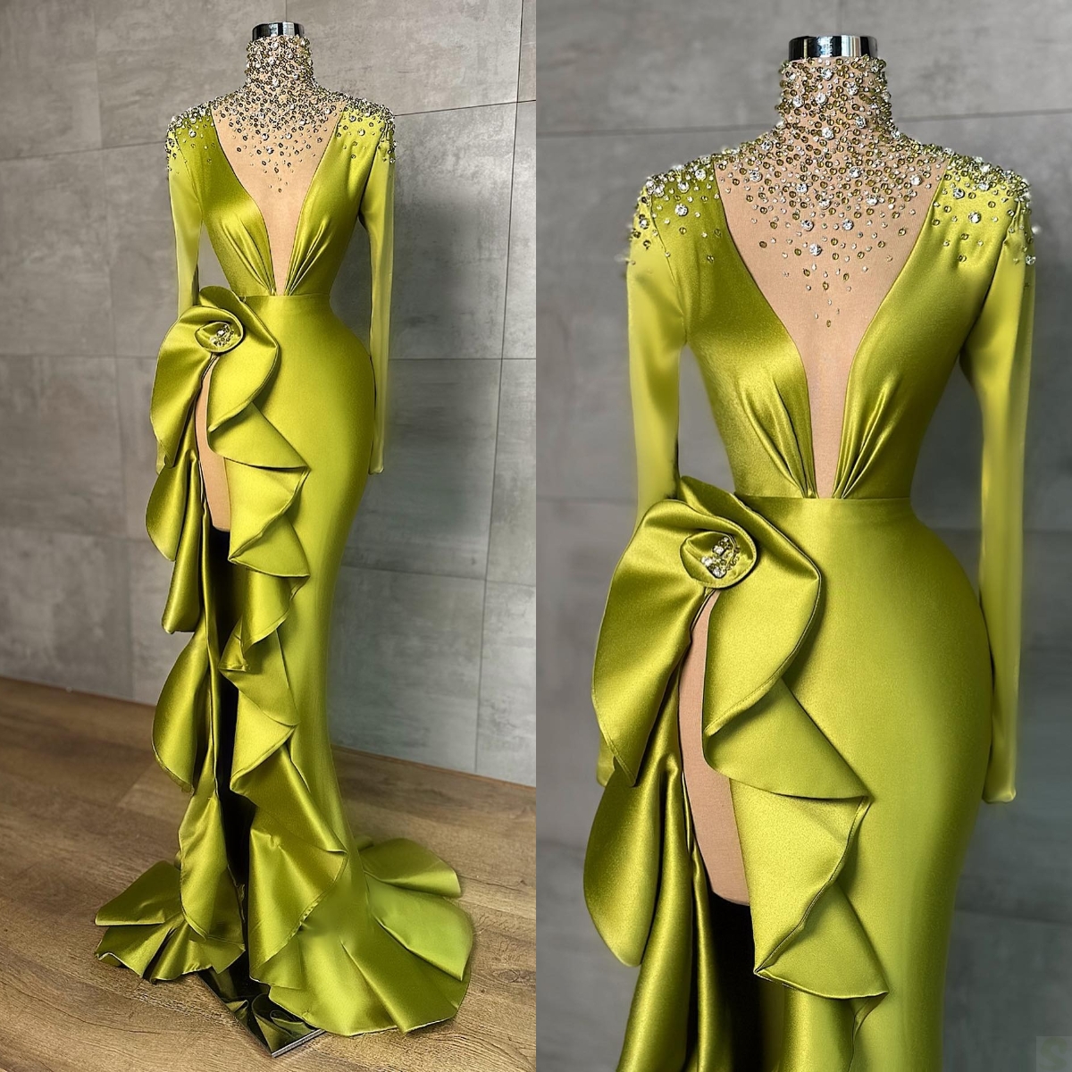 Glamorous Mermaid Prom Dresses High Neck Long Sleeves Beads Shining Applicants Side Split Ruffle Zipper Or Length Custom Made Party Dress Vestido De N