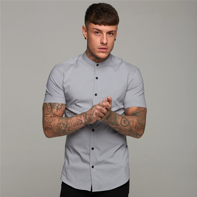 Men's Casual Shirts Summer Men's Short Sleeve Solid Fitness Men's Standing Collar Ultra Thin Fitness Business Dress Button Gym Top 2304