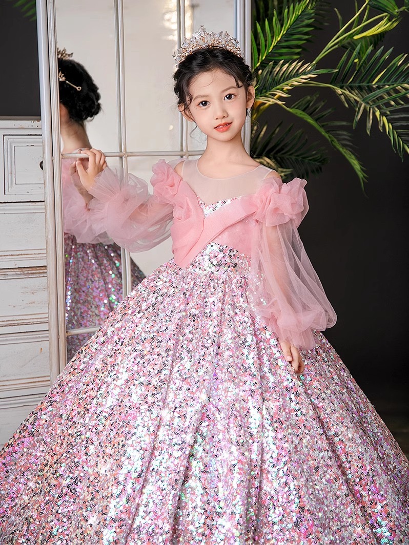 Pink Vintage Flower Girls Dresses Baby Infant Toddler Baptism Clothes Sequined Ball Party Dress Princess Puff Sleeve Shiny Bling Birthday Gowns 403