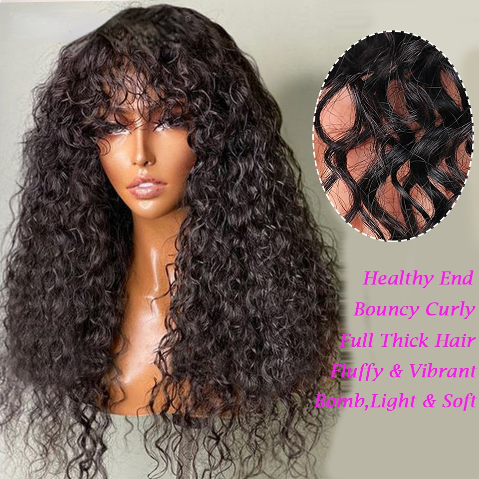 250 Density Remy Brazilian Short Curly Wig With Bangs Human Hair Afro Kinky Curly Wig Highlight Glueless Full Synthetic None Lace Front Wig