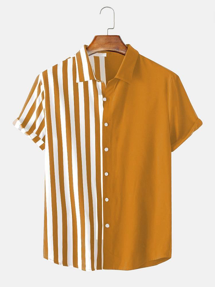 Men's Casual Shirts Charmkpr handsome men's patch work stripe top fashionable casual fit comfortable contrast color Laepl button shirt S-2XL