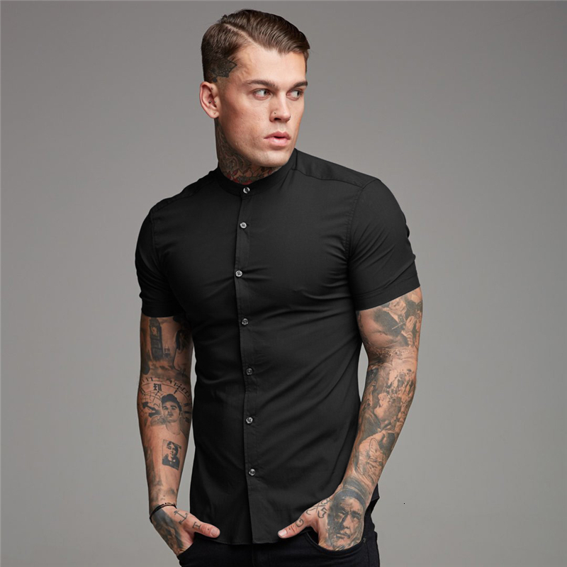 Men's Casual Shirts Summer Men's Short Sleeve Solid Fitness Men's Standing Collar Ultra Thin Fitness Business Dress Button Gym Top 2304