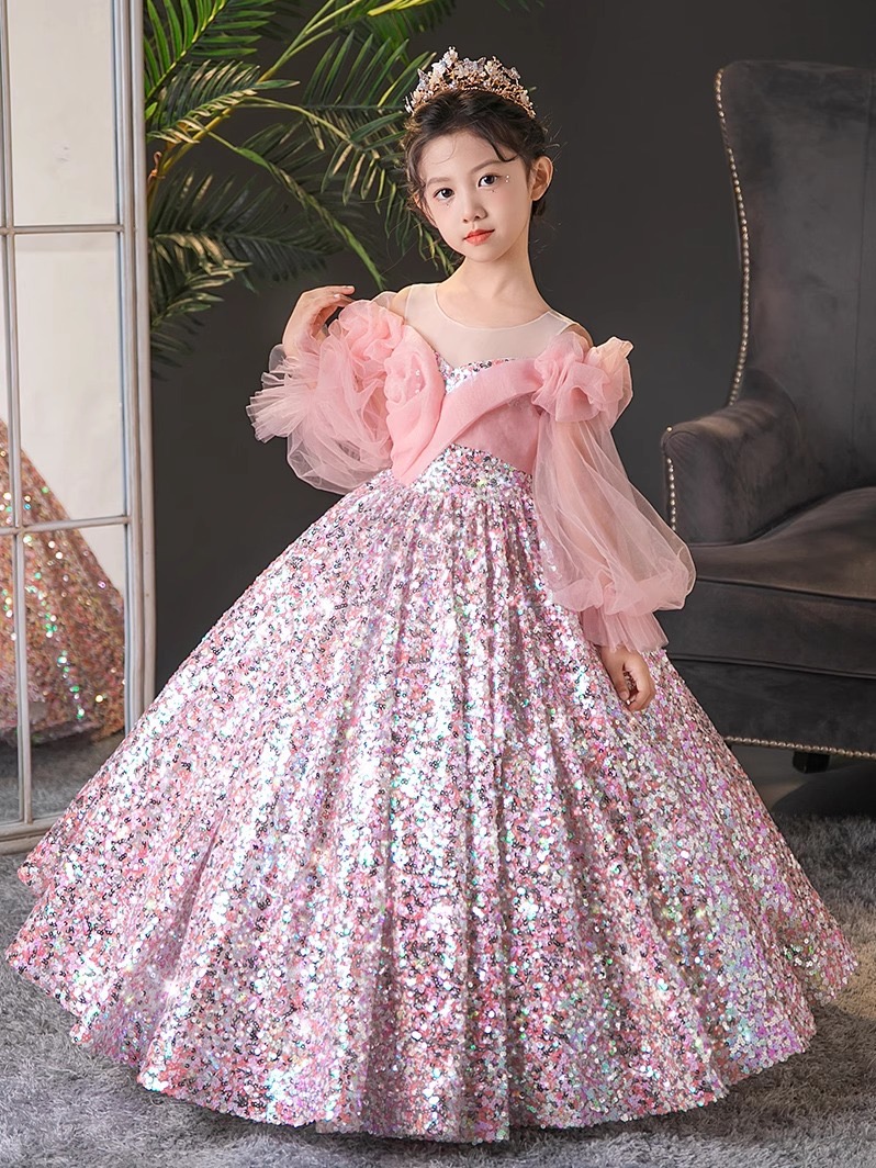 Pink Vintage Flower Girls Dresses Baby Infant Toddler Baptism Clothes Sequined Ball Party Dress Princess Puff Sleeve Shiny Bling Birthday Gowns 403
