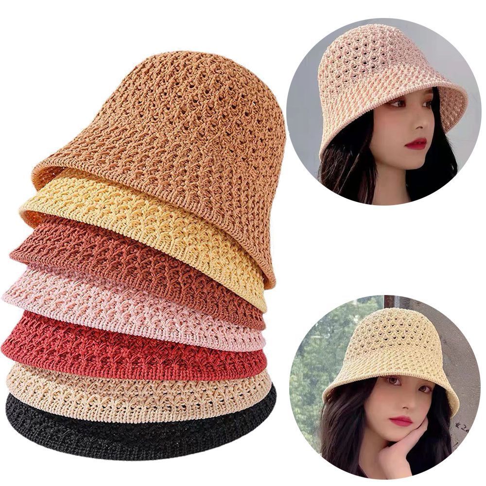 Stingy Brim Hats Bucket Hat Spring Summer Hollow Knitted Hat Solid Color Sunhat Fisherman Caps Casual Foldable Beach Cap 230411