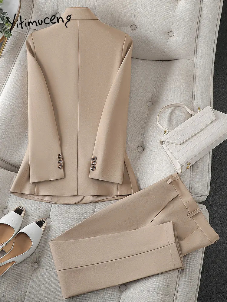 Womens Two Piece Pants Yitimuceng White Suits for Women Fashion Office Ladies Long Sleeve Double Breasted Tops Chic Slim High Waisted Sets 231110