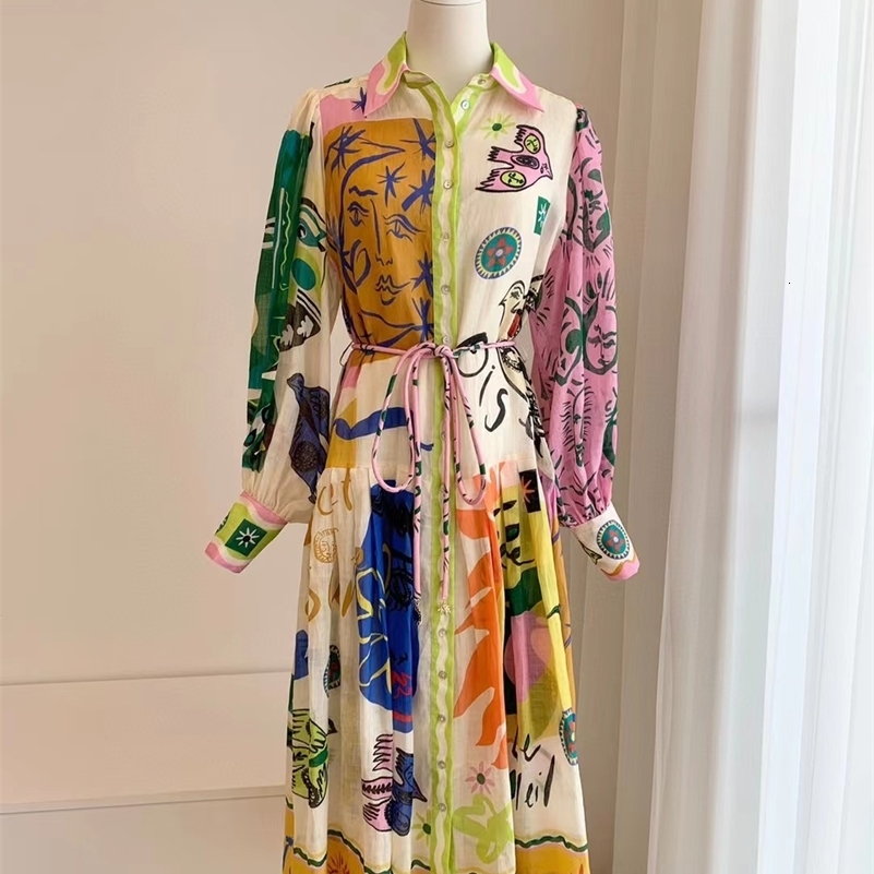 Casual Dresses 2023 Spring Holiday Style Multicolor Print Lace Up Waist Women Ramie Midi Long Shirt Dress 230411