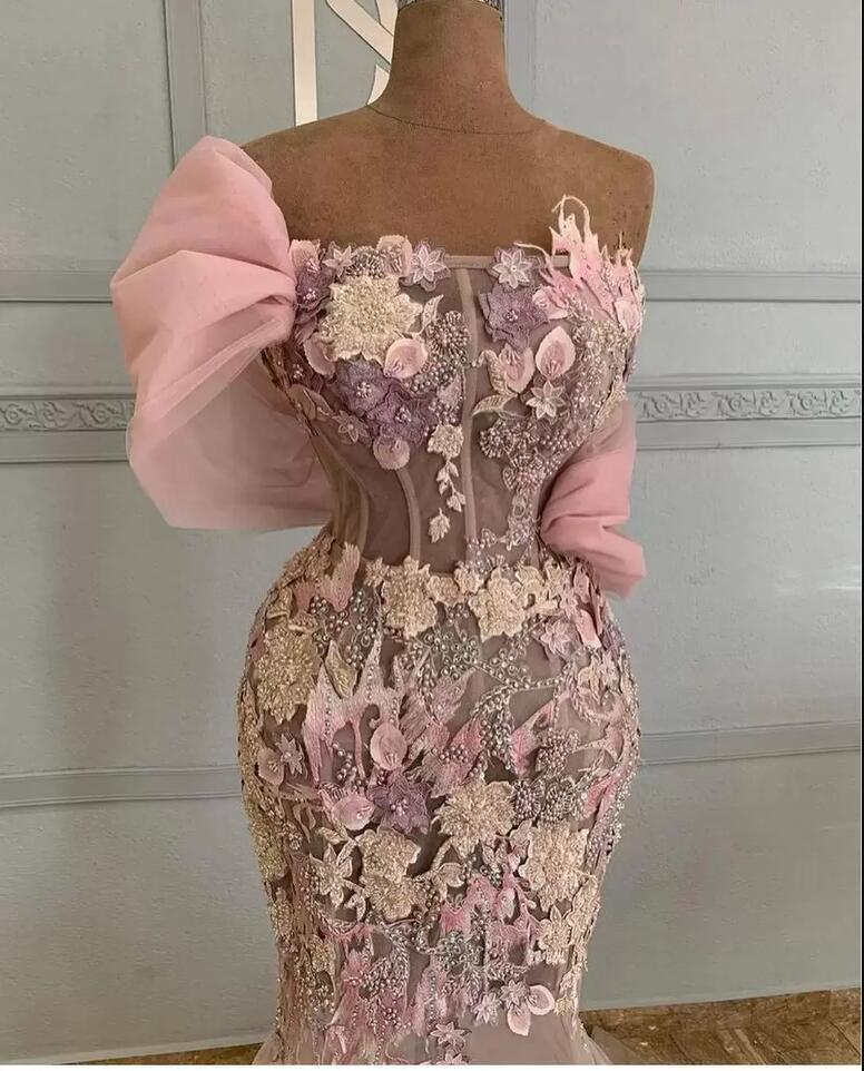 Pale Pink Prom Dresses Mermaid 3D Floral Applique Tulle One Shoulder Strap Sexy Illusion Beaded Crystals Evening Gowns
