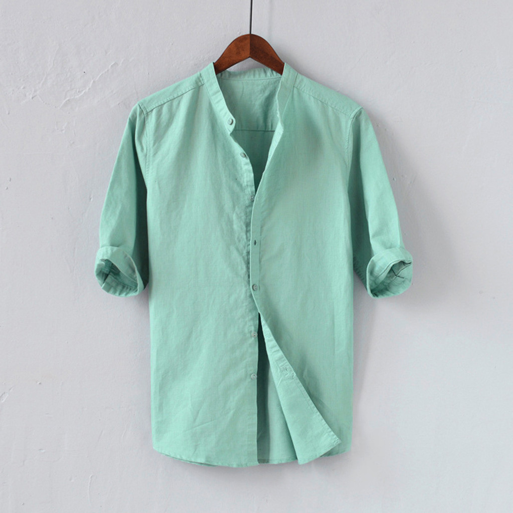 Men's Casual Shirts Men's standing collar with white lining basic short sleeved buttons solid color ultra-thin street clothing men's to
