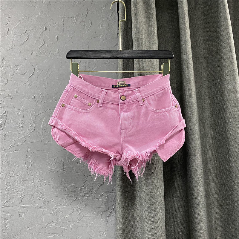 Women's Shorts Summer Women's Fruit Green denim Shorts Sexy Low A-line Fringe Shorts Pants Women's Fashion Personalized Pockets Pink 23