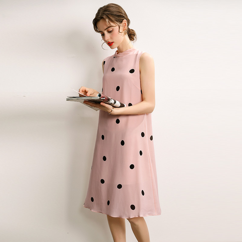 Casual Dresses silk dresses summer high-end elegant lace sleeveless loose polka Dot a-line dress sacrf collar women cloth 230412