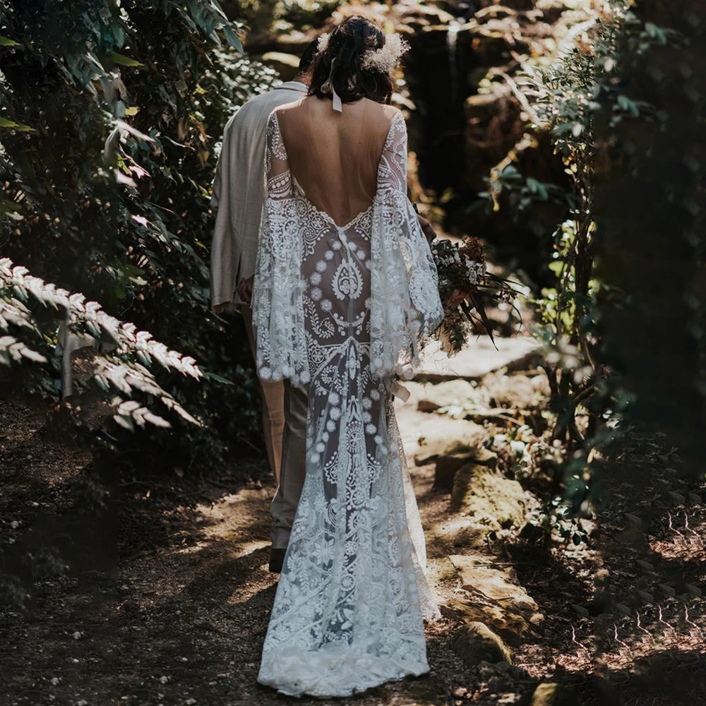 Floral embroidery Boho beach mermaid Wedding Dresses 2023 Long Batwing Sleeves Vintage Crochet Lace Western Country Applique Bridal Gowns