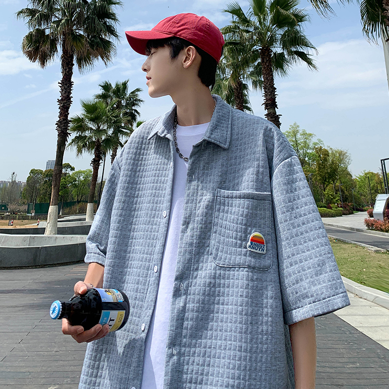 Men's Casual Shirts Summer Short Sleeve Men's Korean Fashion Top Casual Retro Open Front Men's Clothing Large Pocket Embroidered White 