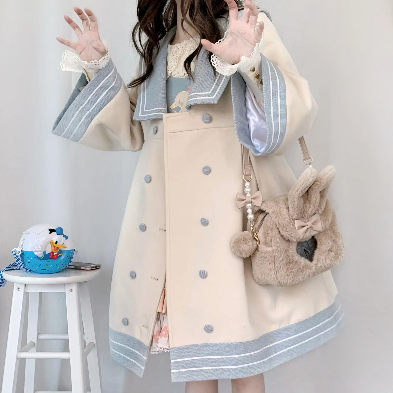 Women's Wool Blends Japanese Girl Sweet Style Patchwork Woolen Coat Cute Woolen Jacket Winter Female Cashmere 231110