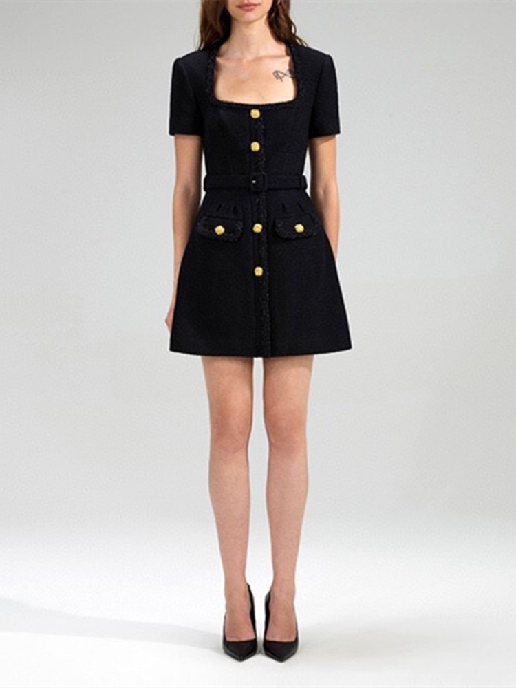 Casual Dresses Early Spring Women Wool Blend Dress Black Square Collar Temperament Short Sleeve Single Breasted Female Mini Robe with Sashes 230412