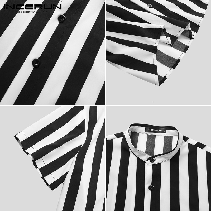 Men's Casual Shirts INCERUN Men's Fashion Button Shirt Summer Casual Top Masculina Fashion Stripe Men's Shirt Short Sleeve Standing Nec