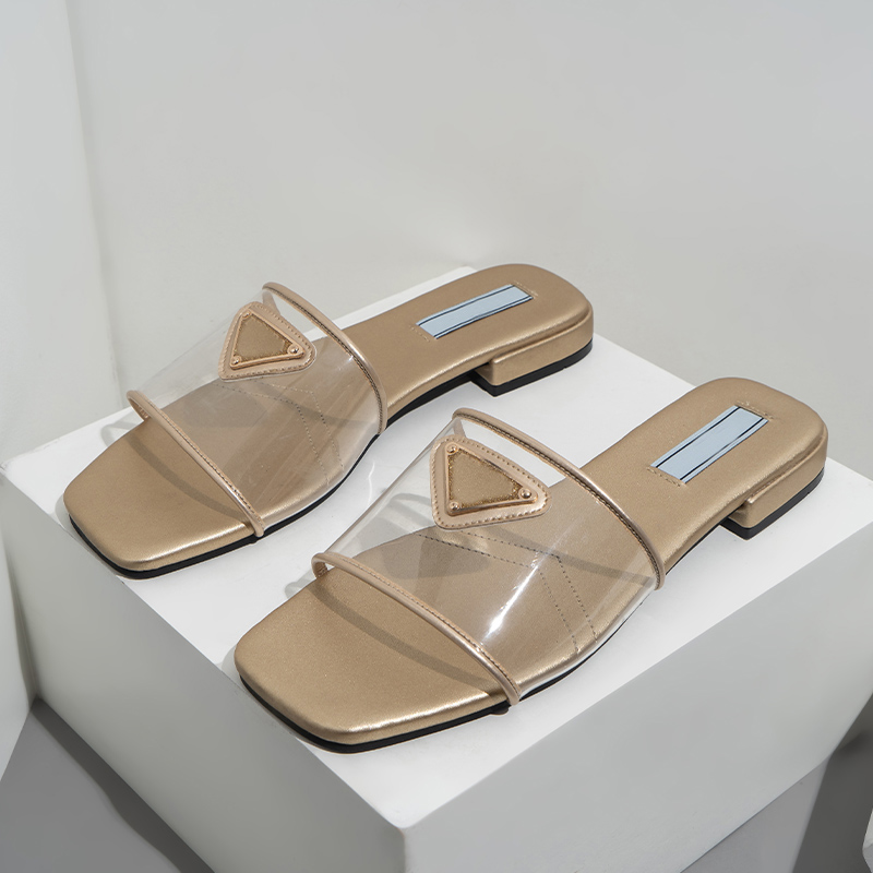Triangle Metallic Slide Sandals Designer Slides Women Slippers Letter Chunky Heels Ladies Beach Sandal Party Wedding Slipper Fashion Low Heel Shoes