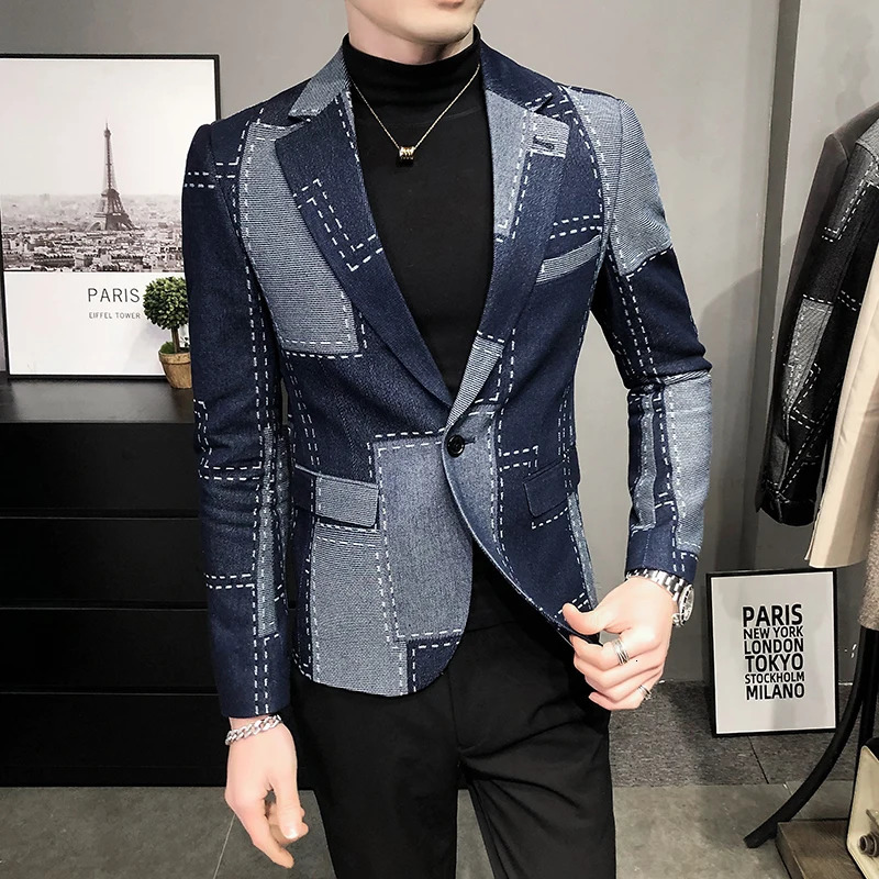 Men's Suits Blazers Top quality Autumn Blazers Men Slim Fit British Plaid Formal Suit Jacket Male Party Wedding Business Slim Fit Casual Coat Tux