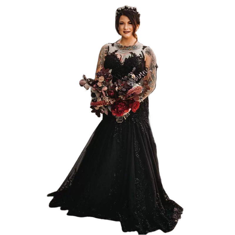 Gothic Black Mermaid Wedding Dresses Sweep Train Lace Appliques Sequins Beaded Long Vintage Bridal Gowns Sheer Crew Neck Sleeveless Tulle Bride Wear