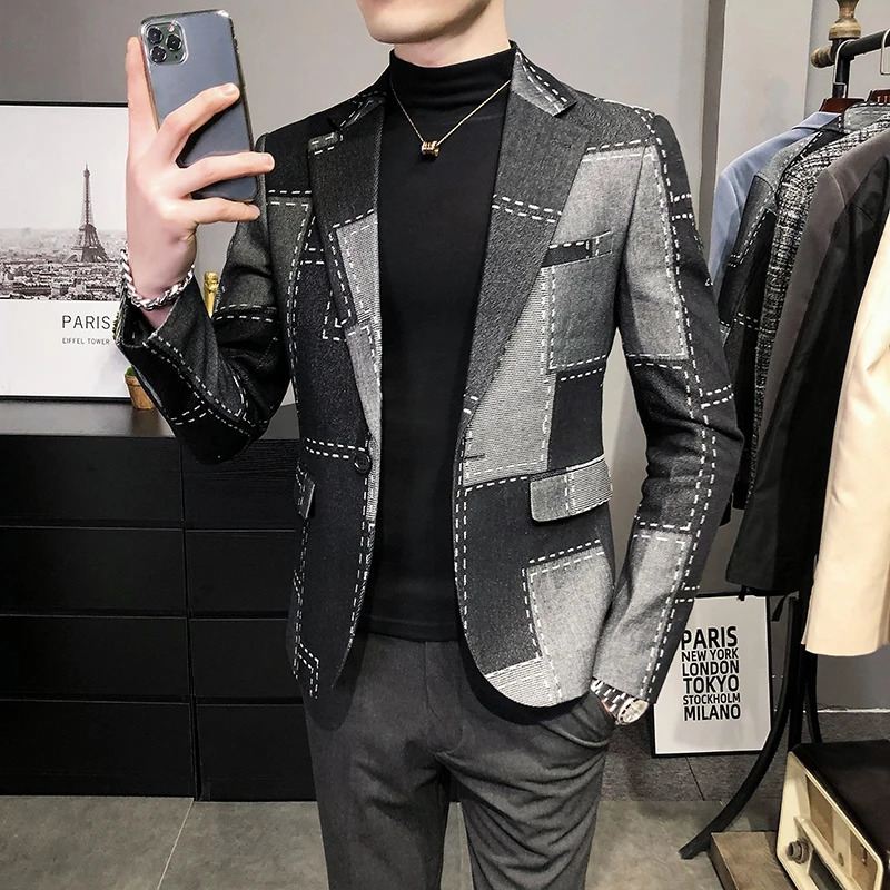 Men's Suits Blazers Top quality Autumn Blazers Men Slim Fit British Plaid Formal Suit Jacket Male Party Wedding Business Slim Fit Casual Coat Tux