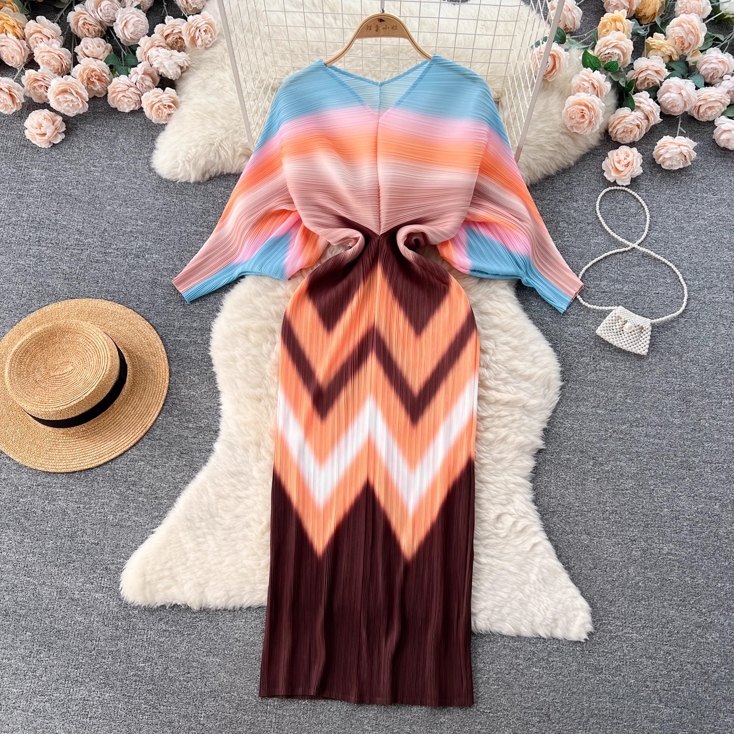 Women Casual Dresses Elegant New Autumn Miyake Pleated Long Dress Runway Women V Neck Batwing Sleeve Red Flower Printed Stretch Bodycon Slim Clothes 2