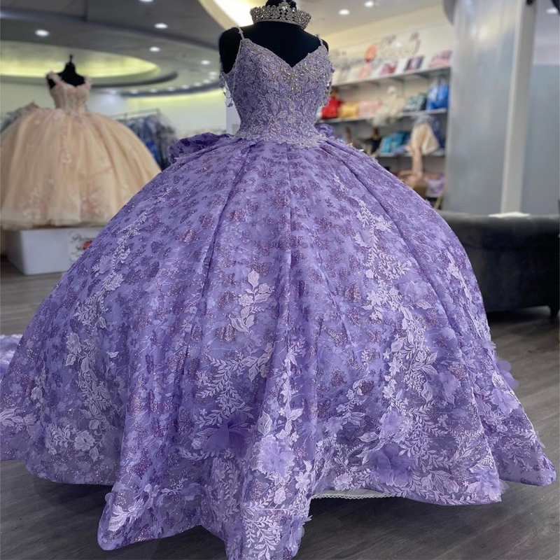 Lavender Sparkly V Neck Princess Quinceanera Dresses Spaghetti Strap Applique Beads Crystal Vestidos De Anos Prom Party Birthday Sweet Dress Estidos 0