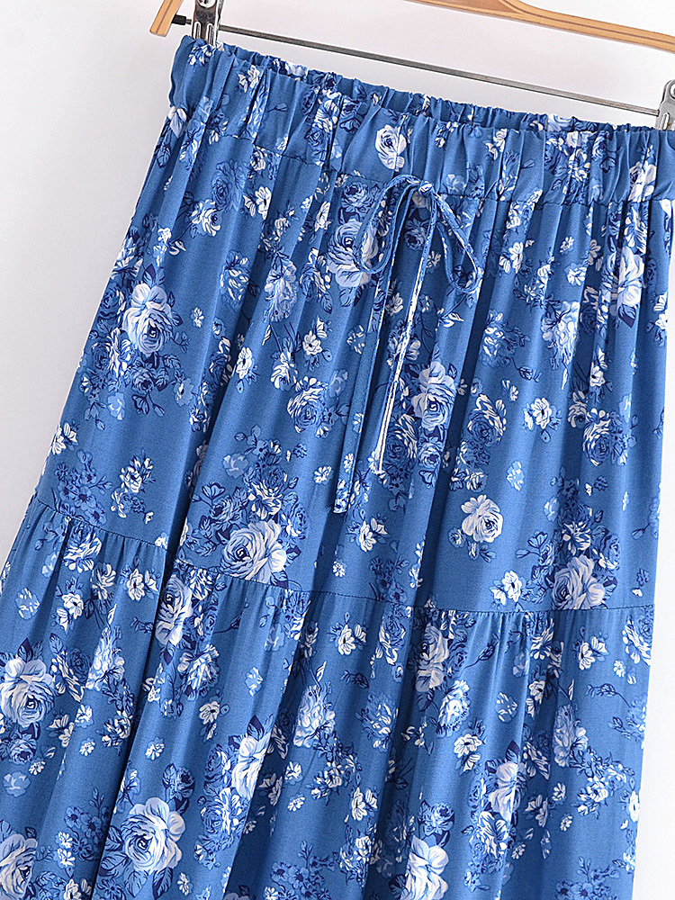Skirts Vintage chic women's floral print summer elastic waist pleats Bohemian leather artificial silk cotton Bohemian beach A-line Maxi leather 2