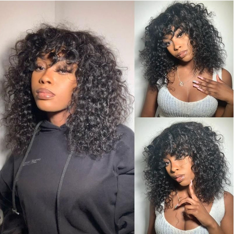 250 Density Remy Brazilian Short Curly Wig With Bangs Human Hair Afro Kinky Curly Wig Highlight Glueless Full Synthetic None Lace Front Wig