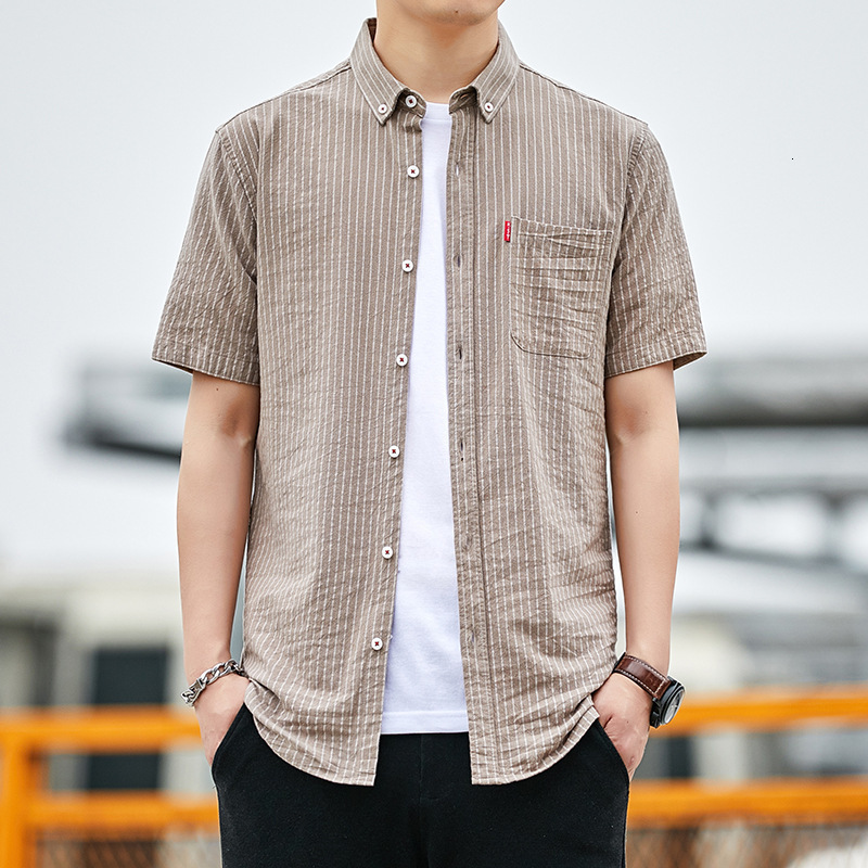 Men's Casual Shirts Arrival Striped Shirt Half Sleeve Men's Slim Fit Casual Short Sleeve Men's Single Pocket Men's Shirt Chemise M