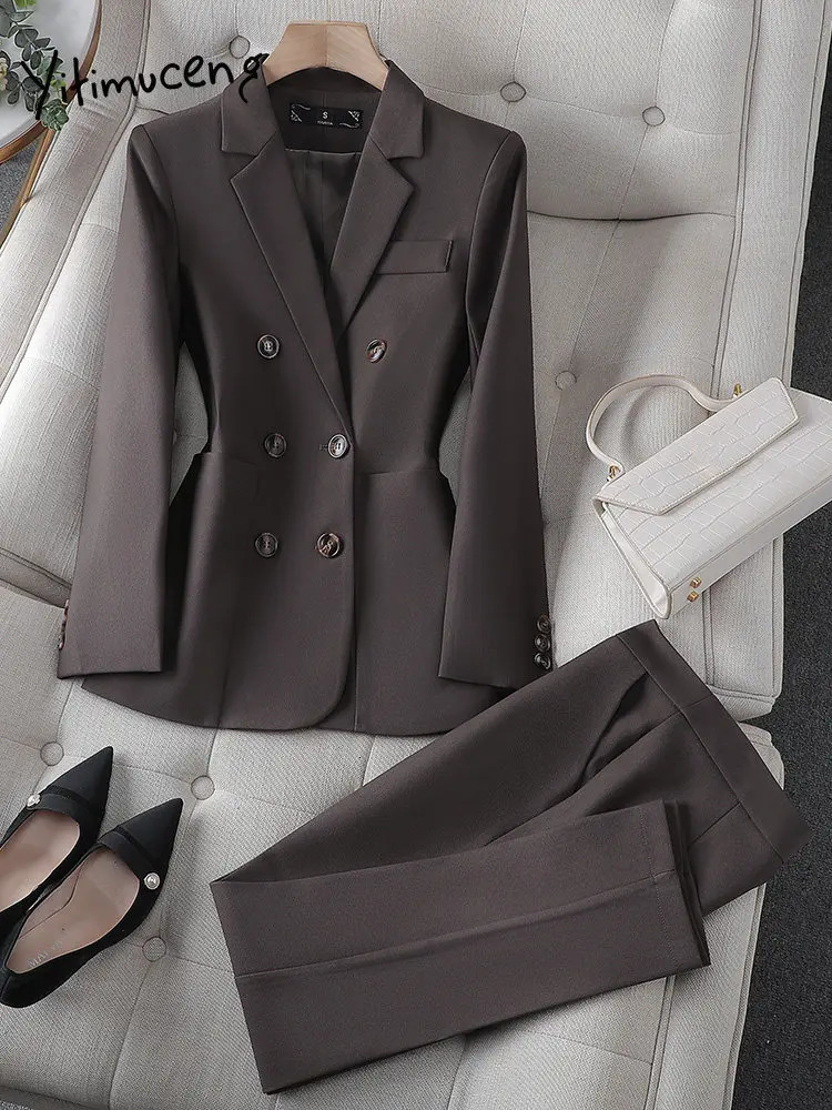 Womens Two Piece Pants Yitimuceng White Suits for Women Fashion Office Ladies Long Sleeve Double Breasted Tops Chic Slim High Waisted Sets 231110