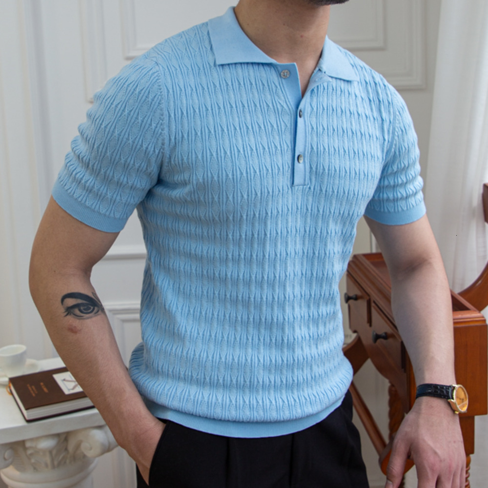 Men's Polos High Quality Blue Jacquard Polo Collar Short Sleeve Polo Shirt Summer Business Simple Polo Collar Ultra Thin Polo UK Comfortable T-sh