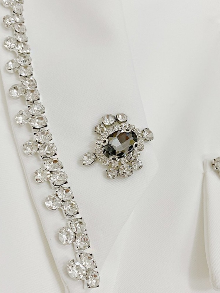 Women s Suits Blazers White Diamond Beading Medium Long Elegant Slim Single Breasted Suit Jackets Streetwear Ladies Full Sleeve Outwear S L 230411