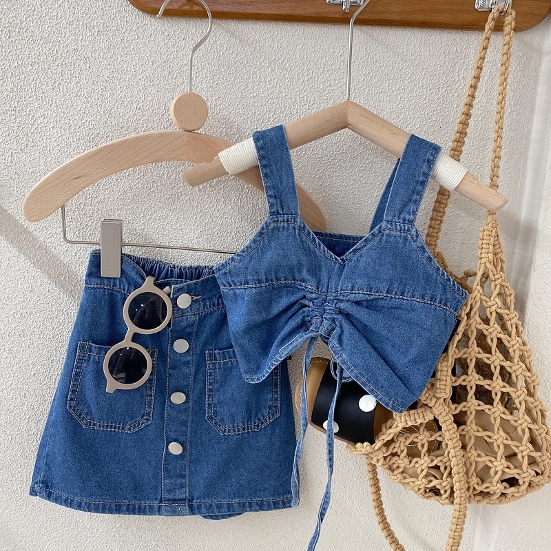 Clothing Sets Fashion Baby Girl Denim Clothes Set Strap Vest Skirt 2PCS Kid Jean Drawing String Crop Top Suit Outfit 2 10Y 230412