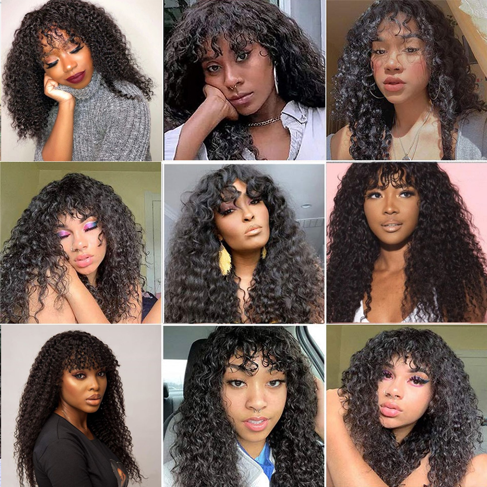 250 Density Remy Brazilian Short Curly Wig With Bangs Human Hair Afro Kinky Curly Wig Highlight Glueless Full Synthetic None Lace Front Wig