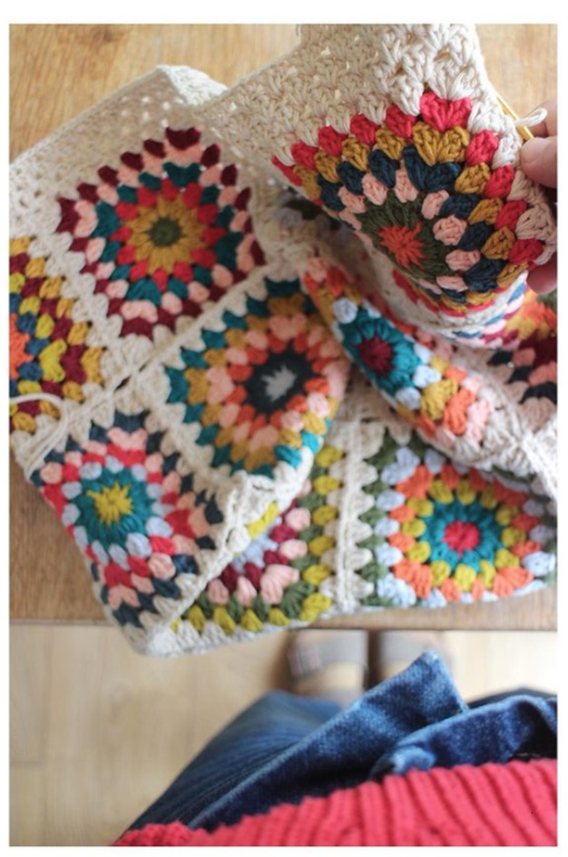 Evening Bags Colorful crochet boho chic granny square Gran Tote handbag Beige blue market Vintage Style Hippie summer beach 230412