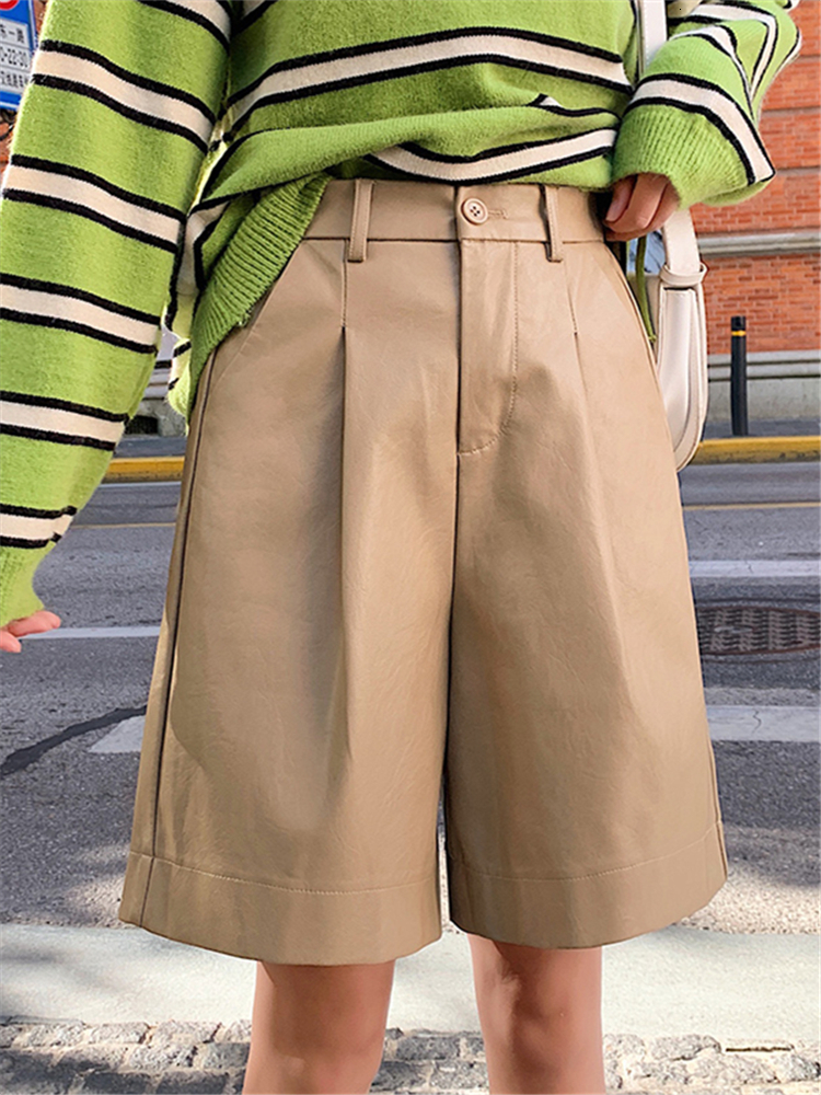 Women's Shorts REALEFT Autumn Green Artificial PU Leather Women's Shorts High Waist Wide Leg Trousers Retro Trousers Women's Pockets 23
