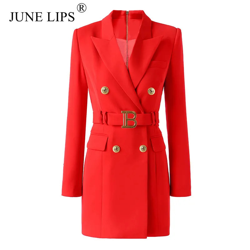Basic Casual Dresses JUNE LIPS Spring High Quality Women Red Blazer Dress with Belt Double Breasted Buttons Chic For Party dress wholesale 231110