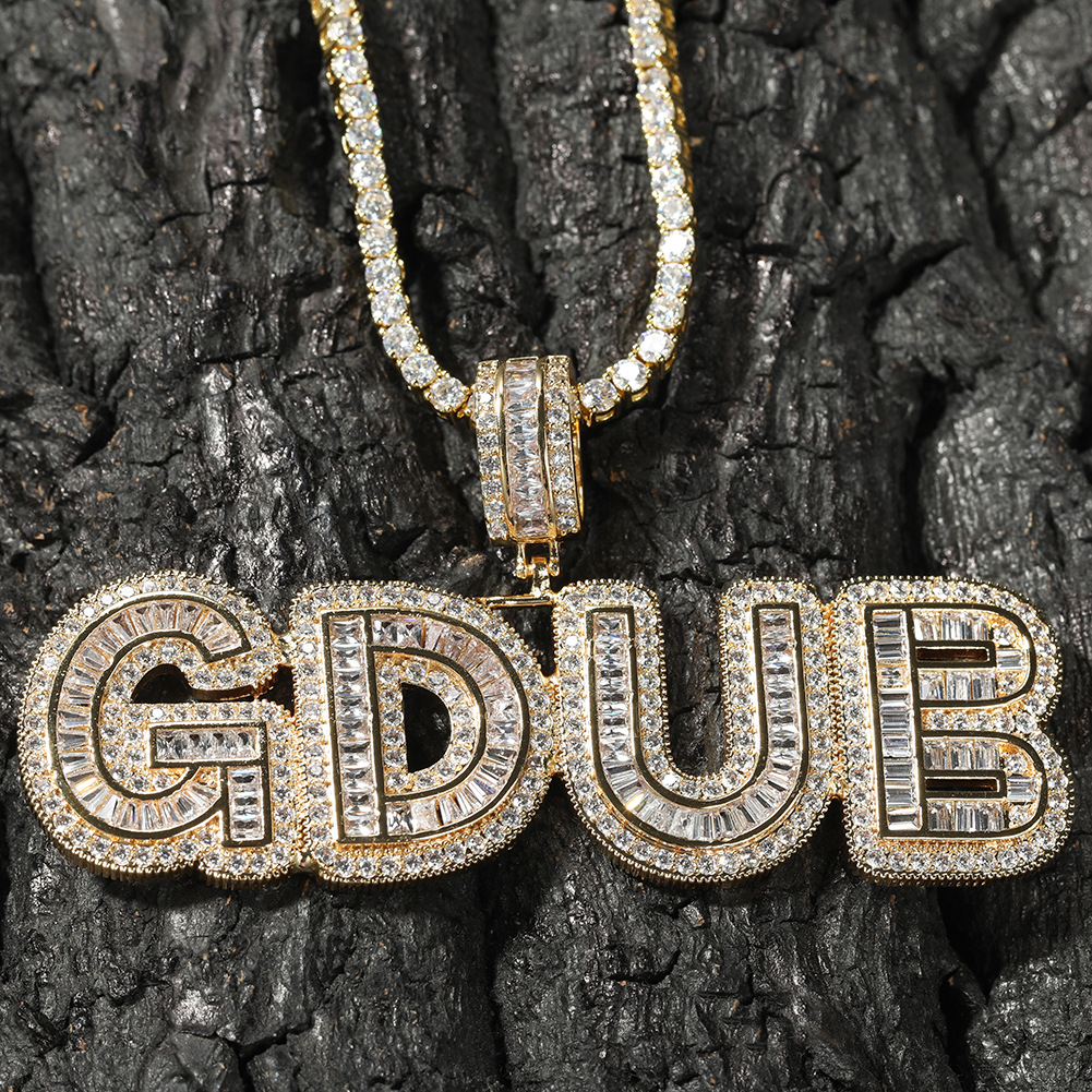 New Fashion Initial Letter Custom Name Pendant Necklace Personalized Iced Out Baguette Cubic Zirconia CZ 18K Real Gold Hip Hop DIY Anniversary Jewelry