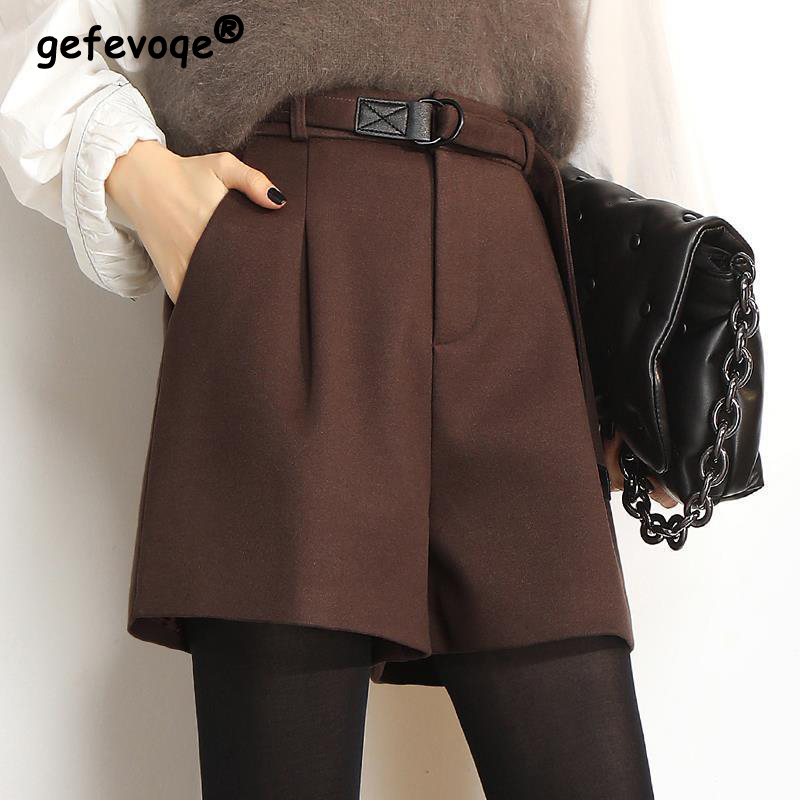 Women's Shorts Elegant Women's Wool Shorts with Belt Autumn and Winter Warm High Waist and Wide Legs Retro Casual Women's 230412