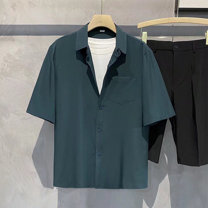Men's Casual Shirts Summer Cool Men's Short Sleeve Shirt Wrinkle Resistant Solid Color Fashion Office Casual Loose Button Pocket Shirt Men&#