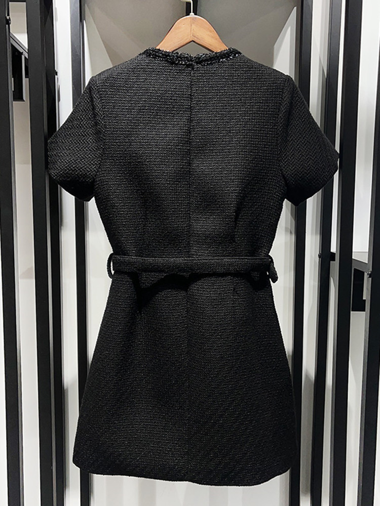 Casual Dresses Early Spring Women Wool Blend Dress Black Square Collar Temperament Short Sleeve Single Breasted Female Mini Robe with Sashes 230412