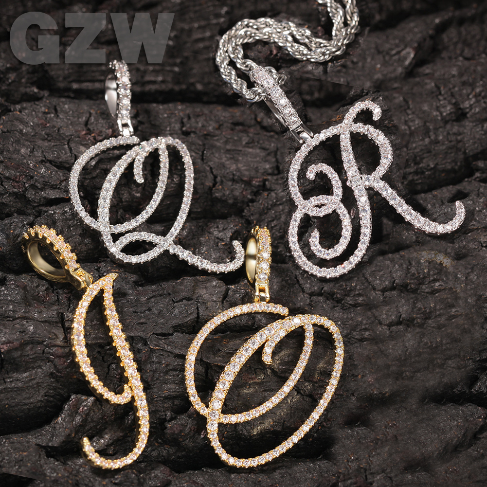 New Initial Letter Custom Name Pendant Necklace Cool Flowery Cursive Personalized Bling Cubic Zirconia CZ 18K Real Gold Hip Hop DIY Anniversary Jewelr