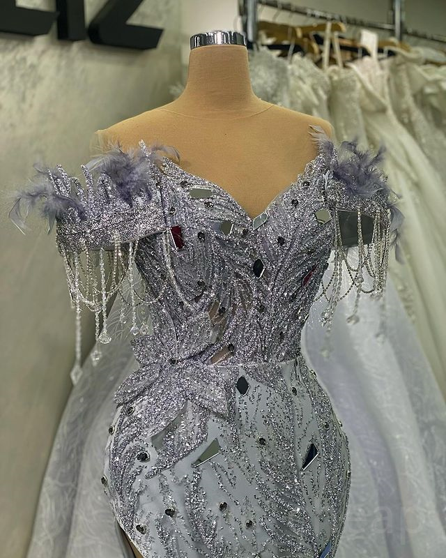 April Aso 2023 Ebi Mermaid Sier Prom Dress Beaded Crystals Evening Formal Party Second Reception Birthday Engagement Gowns Dresses Robe De Soiree ZJ52