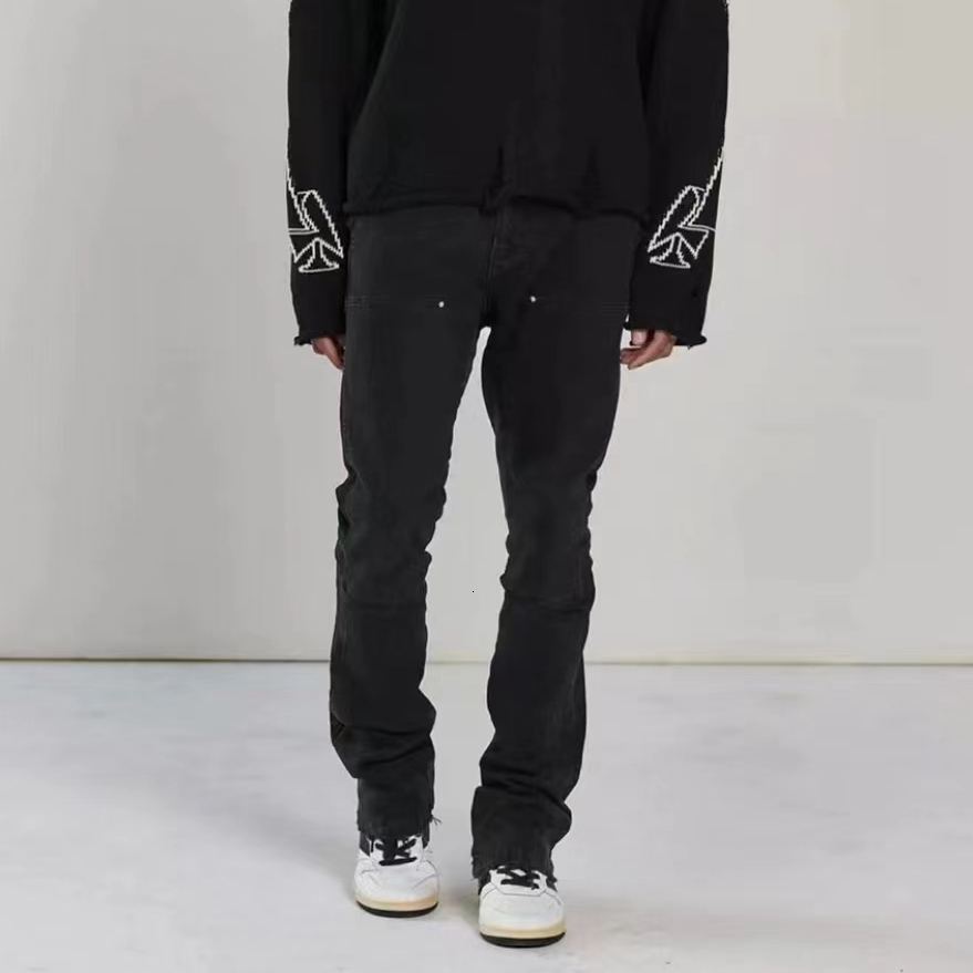 Men's Jeans High Street Ruined Worn Wash Vintage Wide Boots Jeans Suitable for Men and Women Straight Tear Casual Excessive Denim Trojan Horse 23