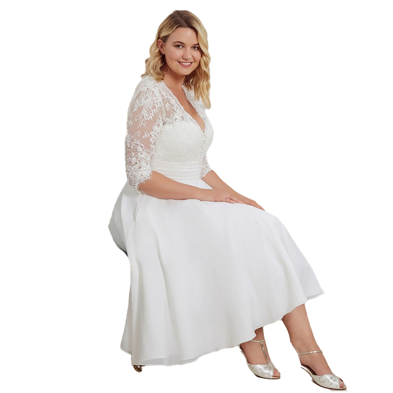 Vintage Tea Length Wedding Dress Short Plus Size V-neck Chiffon Bridal Gowns With Half Sleeves Vestido de Novia Lace Appliques A-Line Beach Bride Dres
